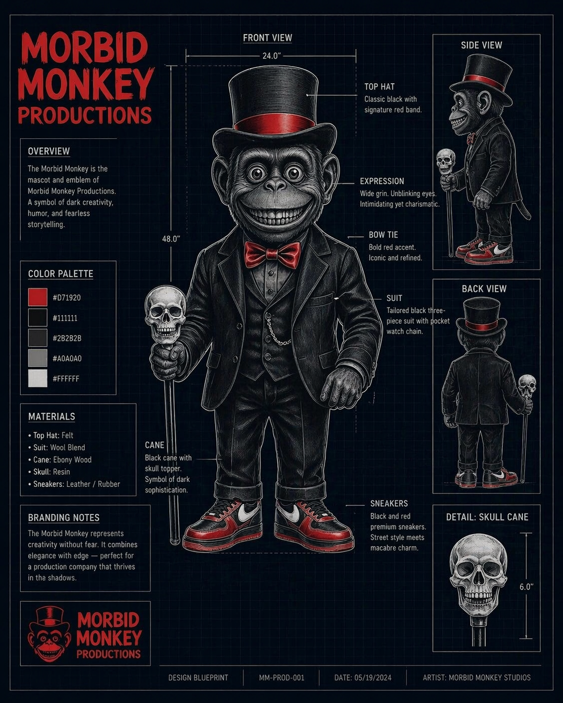 Morbid Monkey mascot design sheet — dark ops view